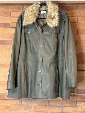 Anthropologie Olive Green Faux Leather Jacket with Faux Fur Collar